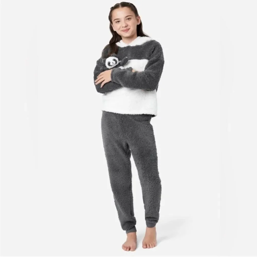 NWT JUSTICE Faux Sherpa Color Block Hooded Pajama Set Sz XL (16-18)